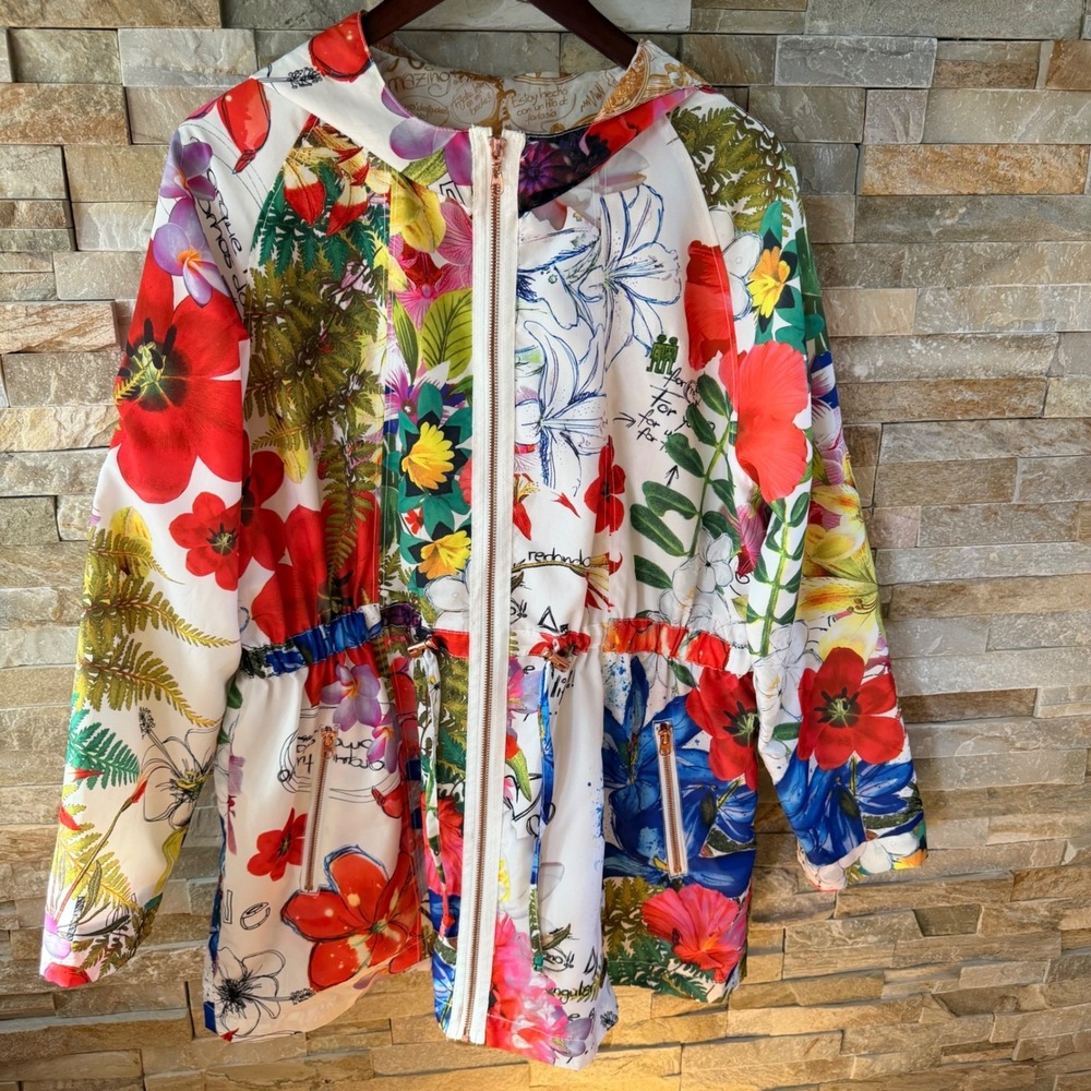 Desigual Celania Floral Hooded Jacket Womens XL Multicolor Zip Coat 41E2929